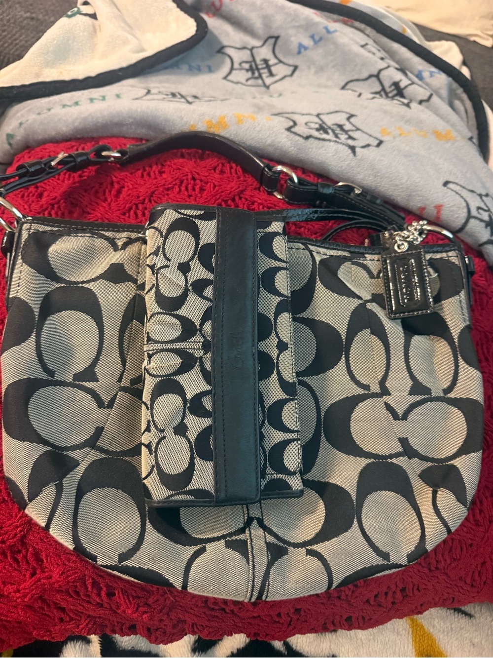 Coach Black and Khaki Signature Shoulder Hobo with matching wallet
